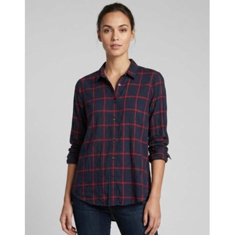 LOFT Button-Up Shirt Womens M Petites Blue Plaid Rayon Lightweight Relaxed Fit‎